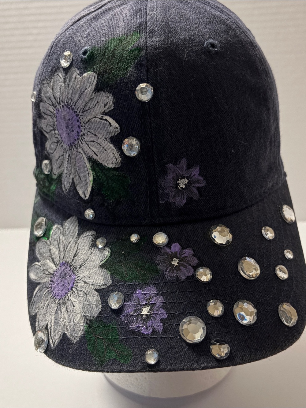 Embellished Black Floral Baseball Cap with Crystal Accents